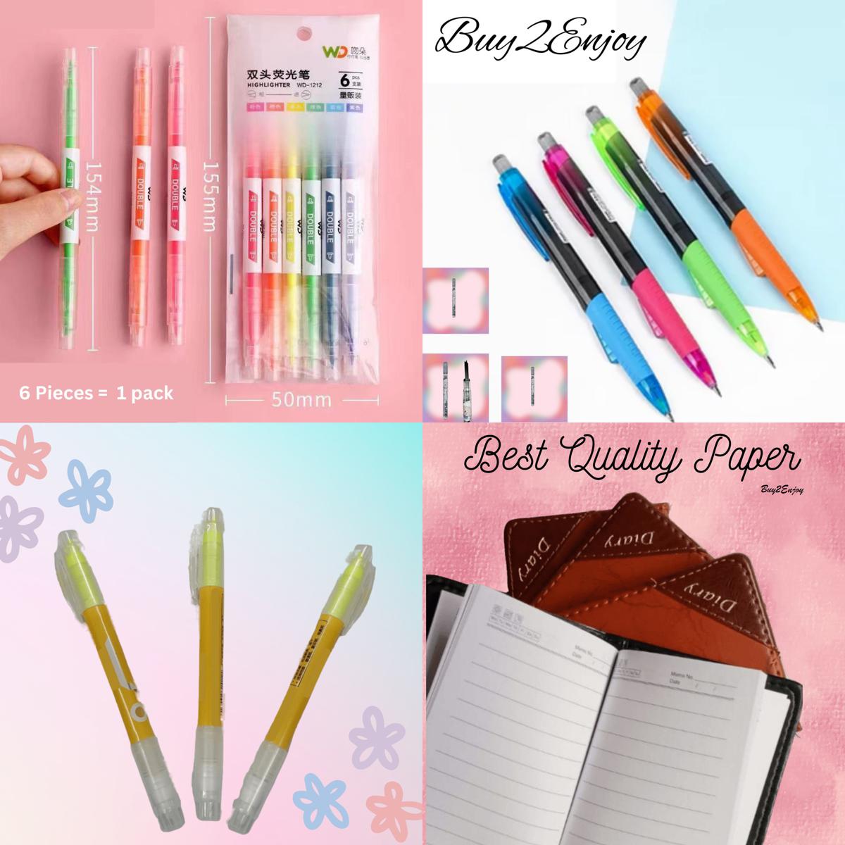 Complete Stationery Combo Set with 6 Double Head Korean Highlighters, 0.5mm Mechanical Pencil with 12 Leads, Erasable Highlighter and Leather Notebook Diary Study Kit | Buy2Enjoy