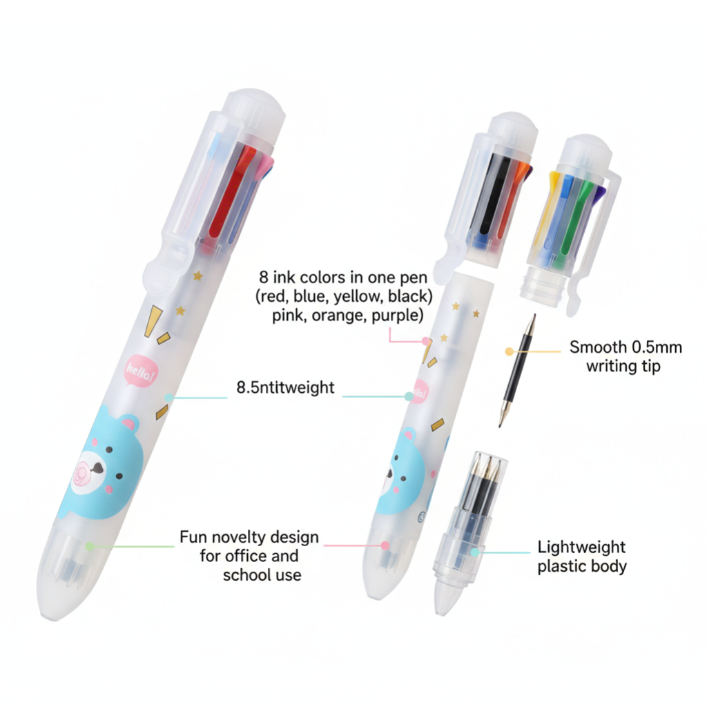 Cute Bear 8-in-1 Multi-Color Ballpoint Pen – 0.7mm Fine Point Sliding Refillable Pen with Transparent Body for School, Office & Creative Writing | Buy2Enjoy