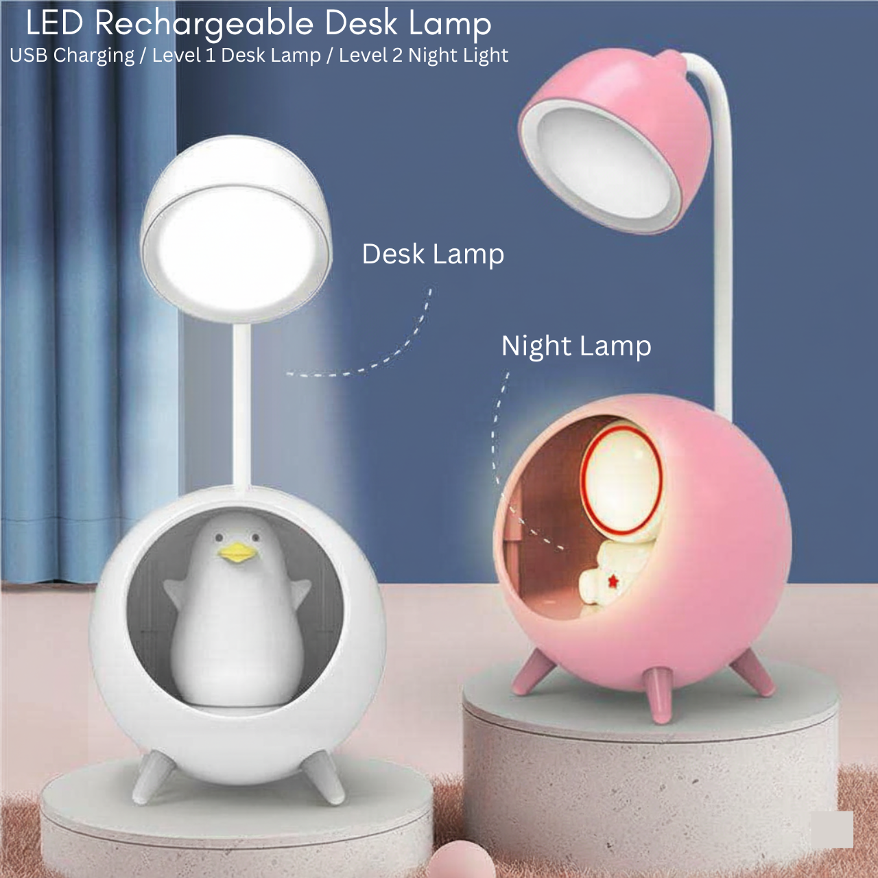Cute Cartoon LED Rechargeable Table Lamp Flexible Neck USB Dimmable Eye Protection Flicker Free Night Light for Bedroom Study Home Decor | Buy2Enjoy