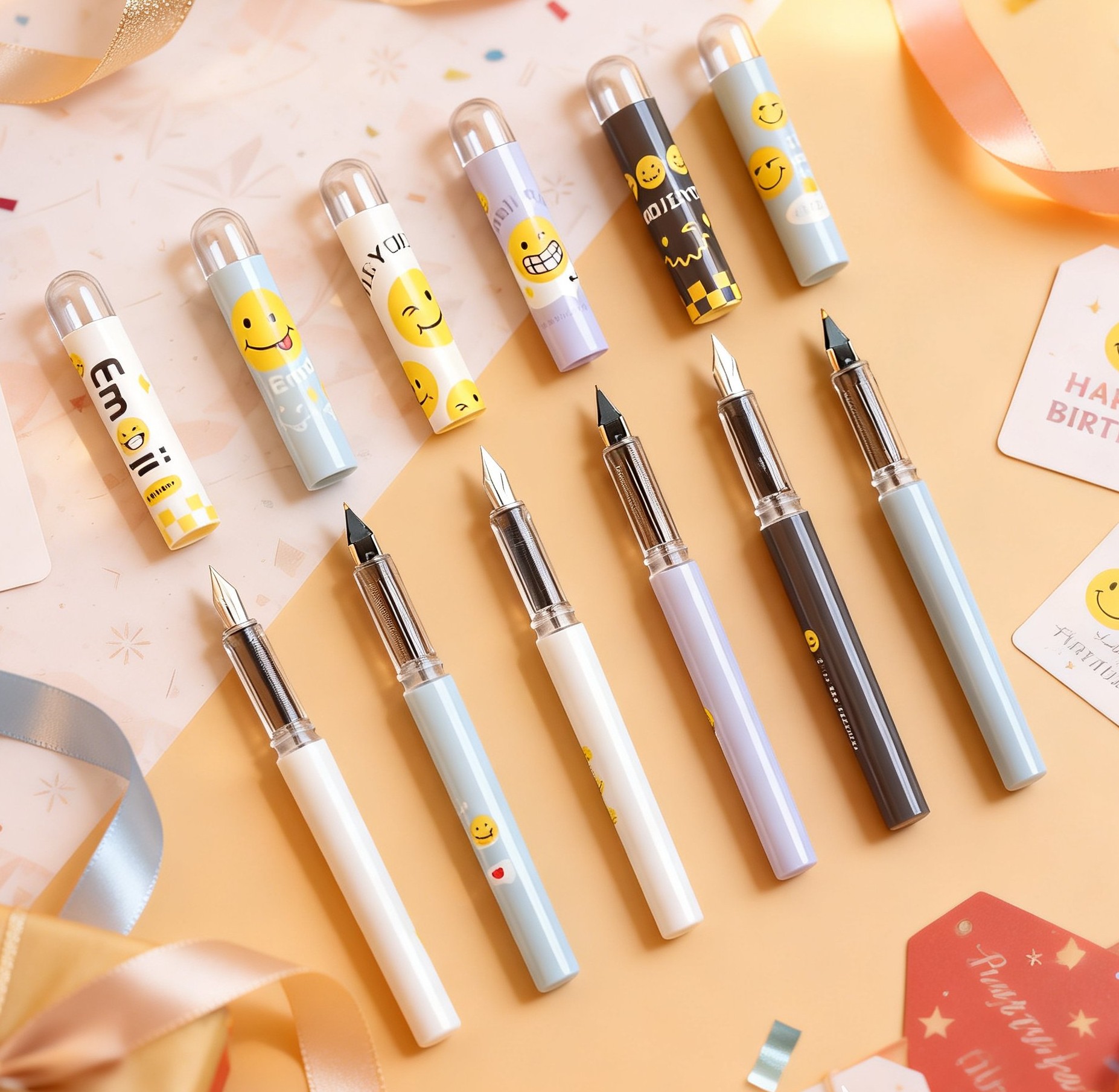 Cute Emoji Smiley Face Fountain Pen Kawaii Pastel Writing Pen with Emoji Ball Topper Clear Cap Smooth Iridium Nib Luxury Metal Body for School Office Calligraphy | Buy2Enjoy