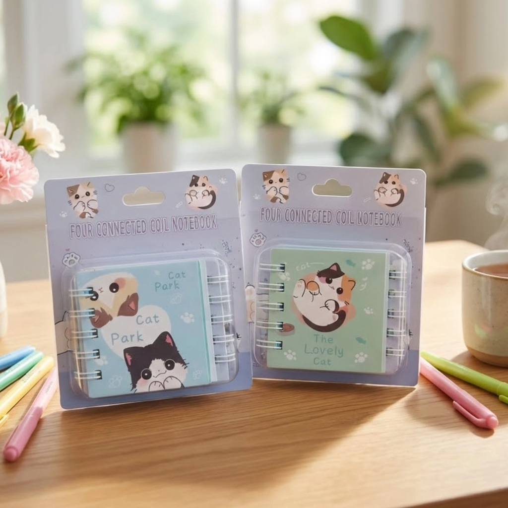 Cute Kawaii Cat Mini Spiral Notebook 2x2 Inch Pack of 4 Mini Diaries, Pocket Notepad with Cat Designs, Small Journal for Kids Students Office Notes and Gifts | Buy2Enjoy