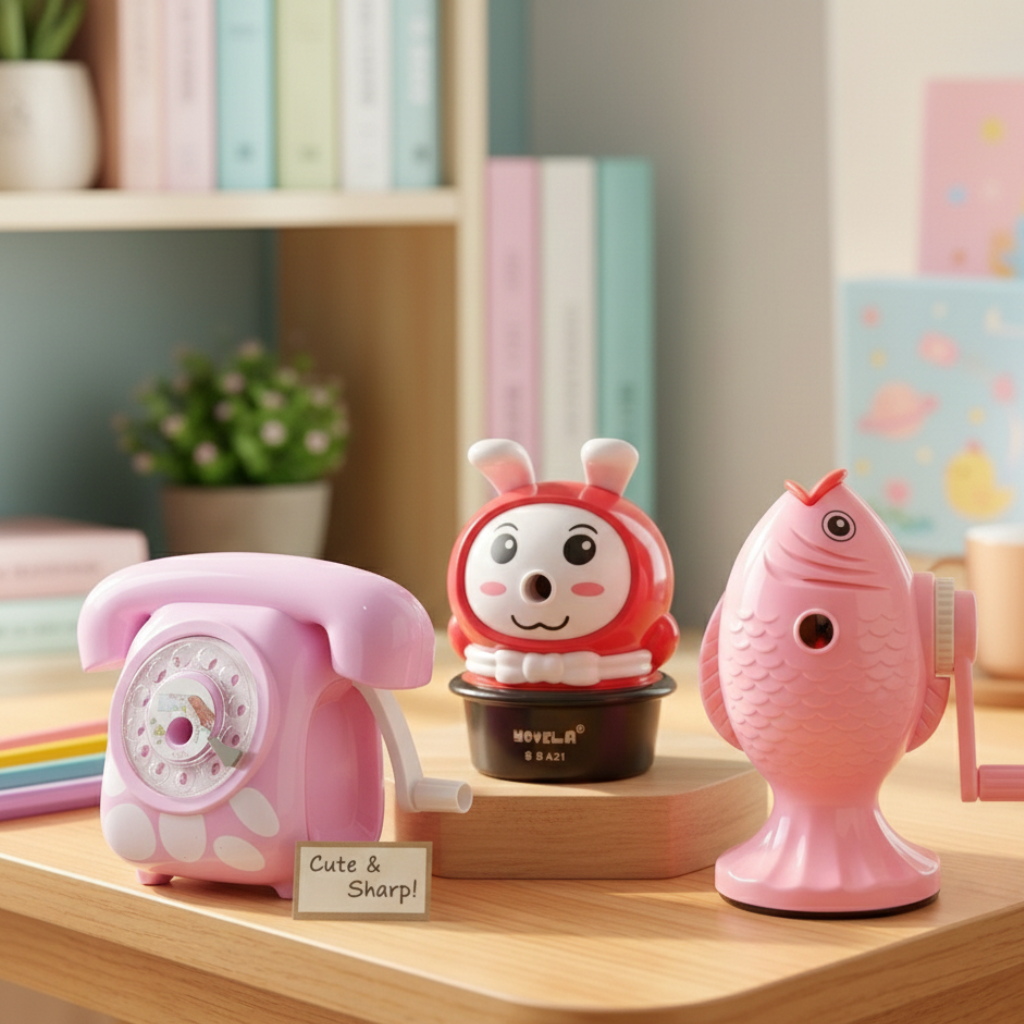 Cute Kawaii Pencil Sharpener Machine for Kids, Fish Bunny Retro Telephone Design Manual Sharpener with Safe Blade, Portable Plastic Sharpener for School Home Gift Use | Buy2Enjoy