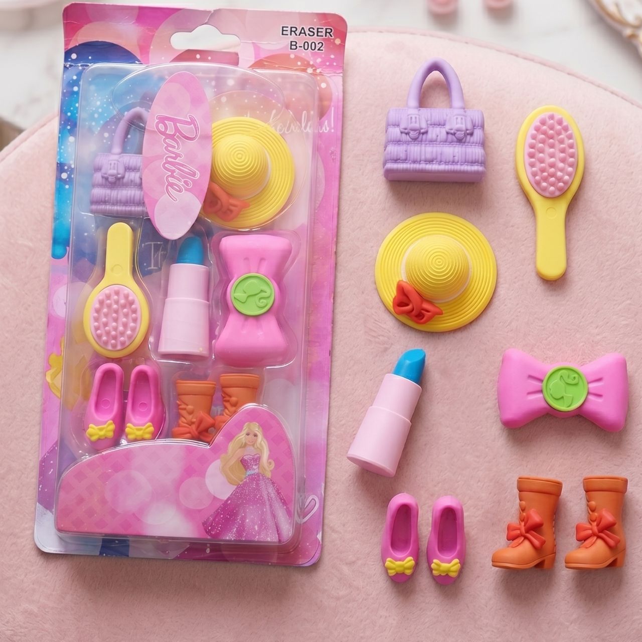 Fancy Makeup Eraser Set for Girls 9 Pcs Cute Cartoon Pencil Erasers Barbie Style School Stationery Gift Set for Kids & Students | Buy2Enjoy