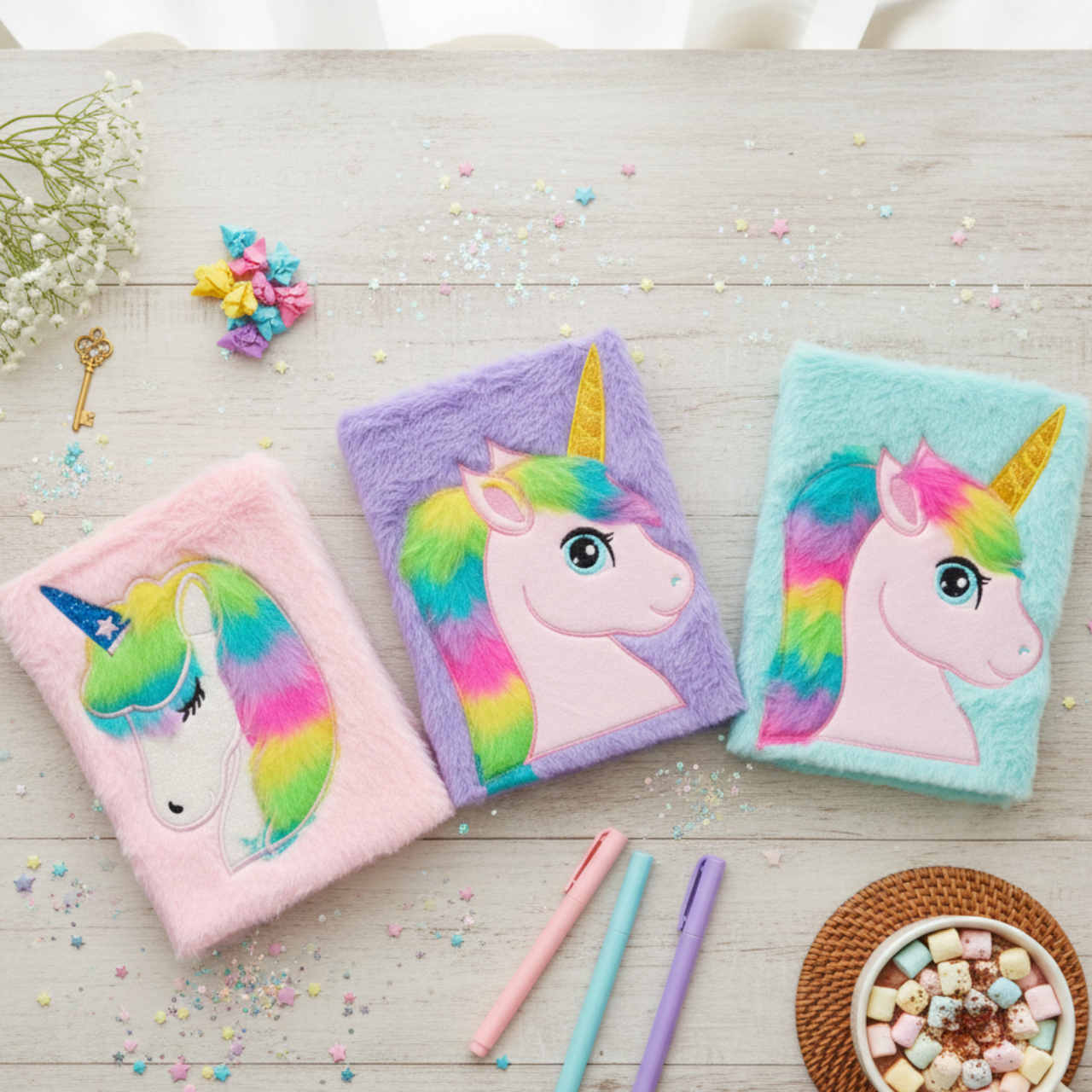 Fluffy Velvet Unicorn Journal Notebook A5 20x15 cm, Cute Kawaii Plush Diary for Girls with Soft Cover, Writing Pages, Bonus Unicorn Pens, School Notes Daily Journal Gift |Buy2Enjoy