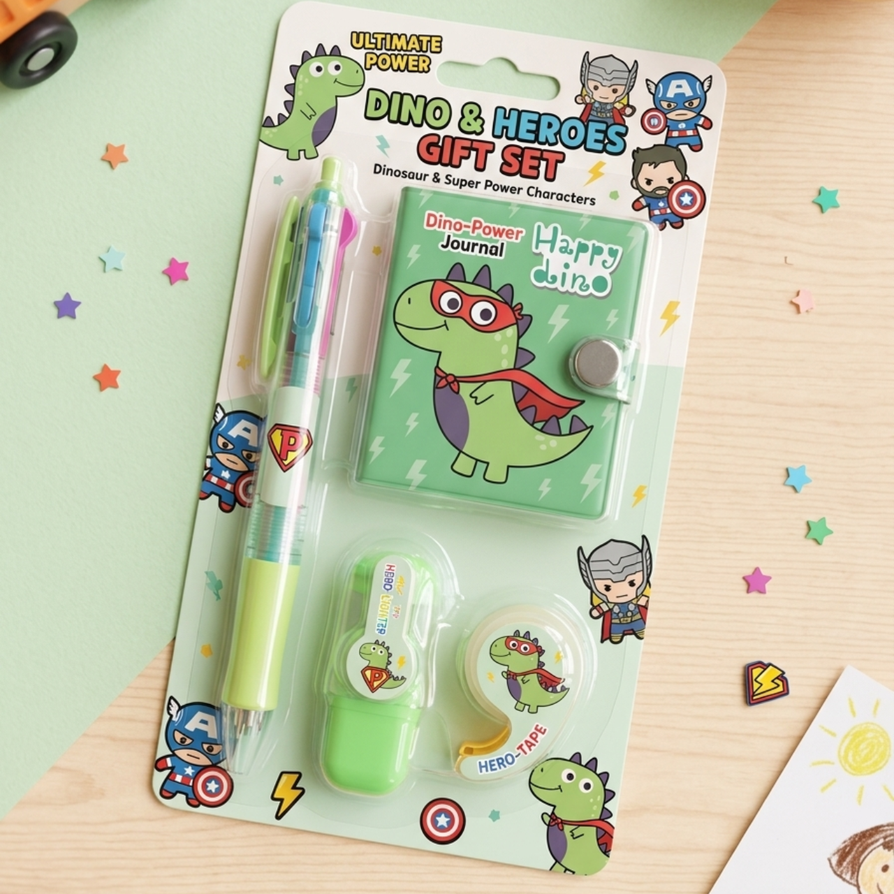 Happy Dino Stationery Gift Set for Kids – Diary, 4-Color Pen, Highlighter & Dino Washi Tape  Cute Dinosaur School Supplies Kit for Writing, Journaling & Creative Fun | Buy2Enjoy
