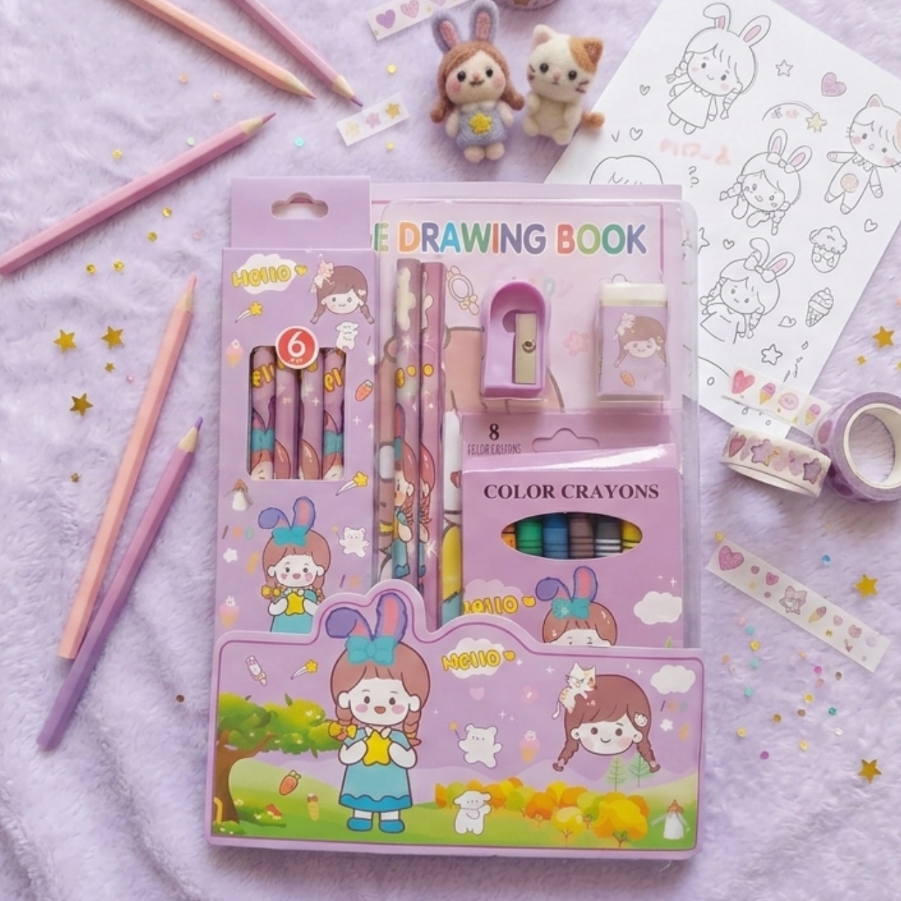 Hello Cute Bunny Theme Kids Art Stationery Set All in One Coloring Kit with Coloring Book 8 Crayons 6 Colored Pencils Diary Sharpener Eraser Kawaii Gift Set Kids | Buy2Enjoy