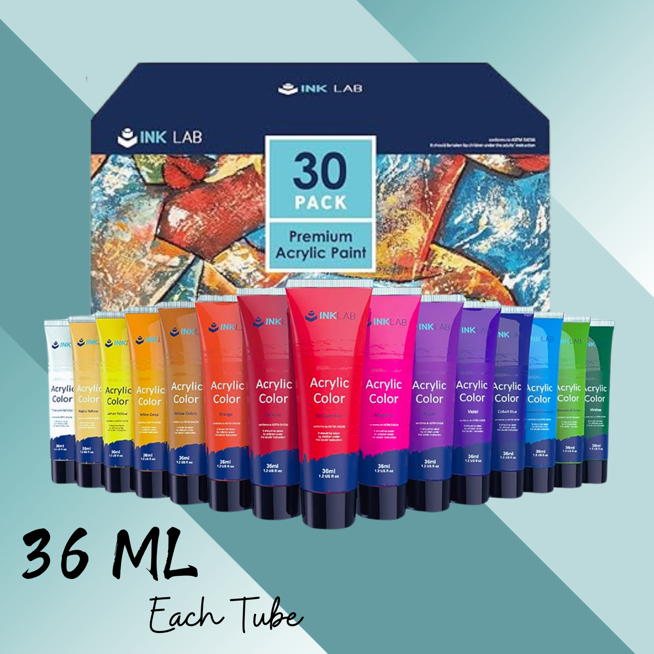 INK LAB Premium Quality Acrylic paints 36 ml tubes with 30 vibrant colors Non Toxic for Artists Beginners Painting on Canvas Wood Fabric Rocks, 36ml/Tube, Rich Pigment | Buy2Enjoy