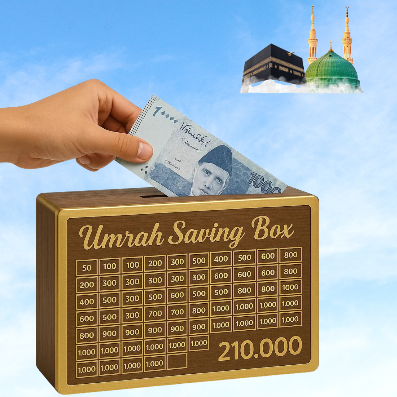 Islamic Money Saving Box for Umrah & Hajj Acrylic Golden Umrah Saving Wooden Box umrah saving box for umrah - gift for Muslims to save money for umrah 210000 for Umrah | Buy2Enjoy