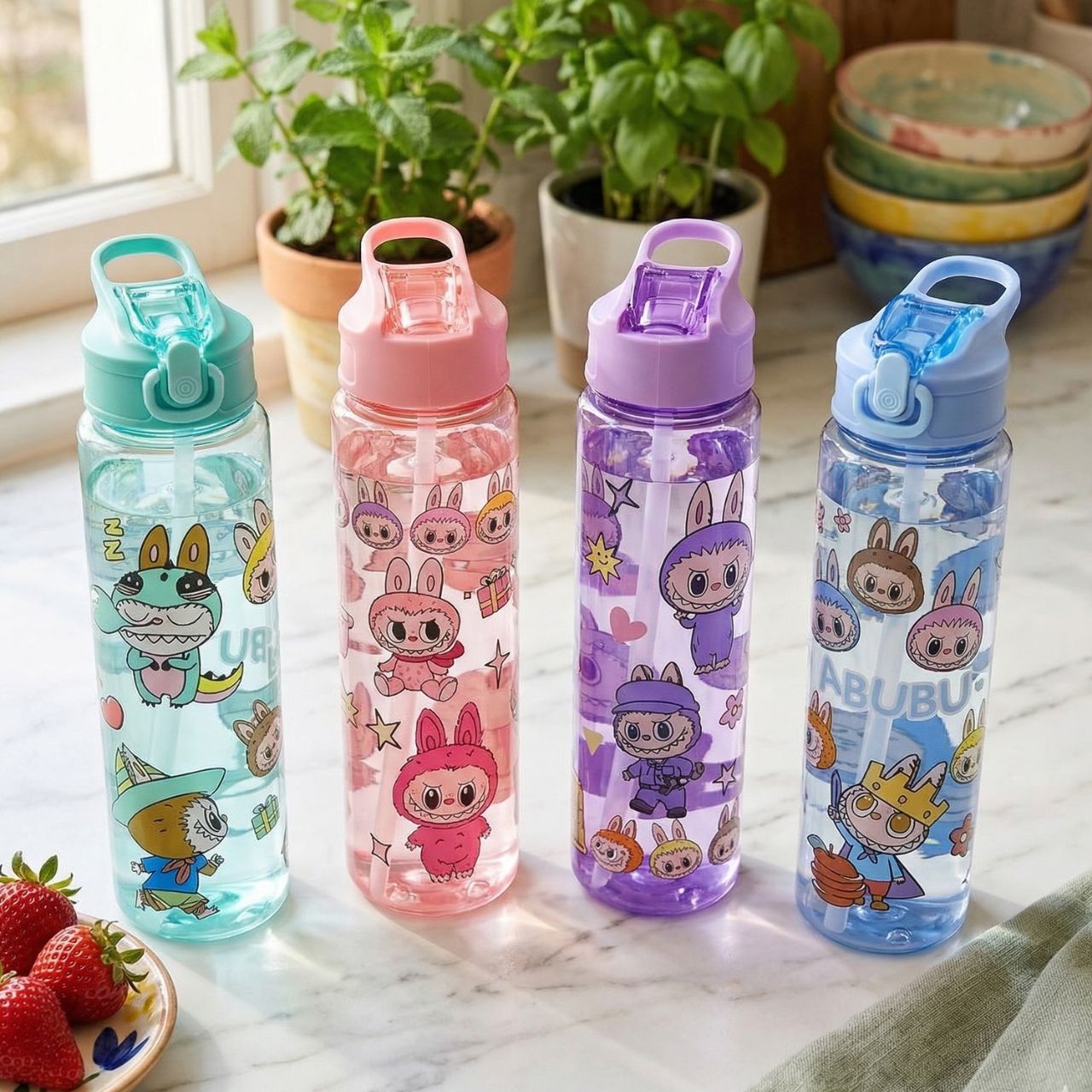 Kawaii Cute Water Bottle 800ml, Stylish Plastic Bottle for Kids Girls, College Gym Fridge Use, Spray Bottle with Free Clay Toy, Leakproof Durable Design | Buy2Enjoy