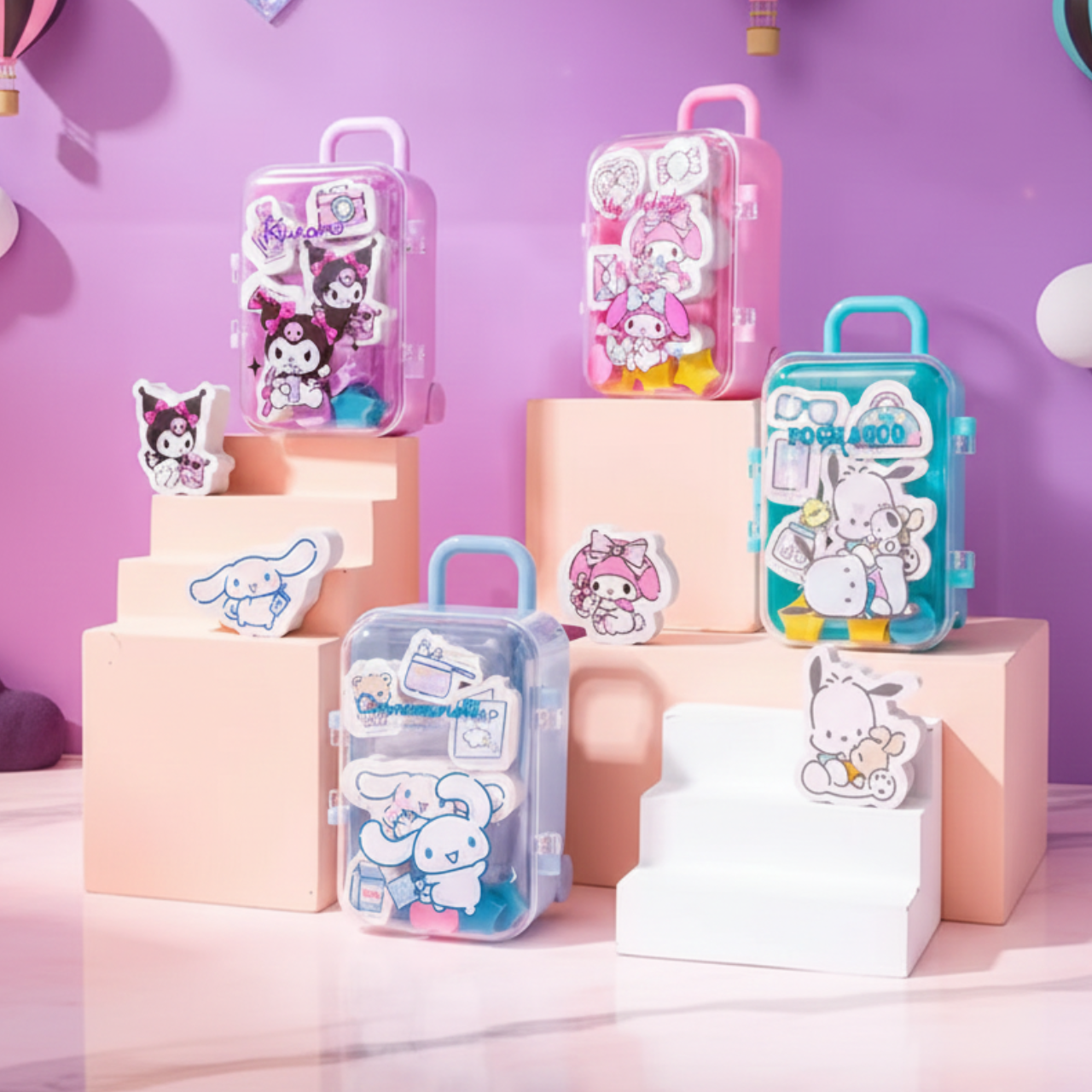 Kawaii Kuromi Trolley Eraser Set, Cute Sanrio Cartoon Suitcase Erasers with My Melody & Cinnamoroll, Pencil Eraser Storage Box, Stationery for Kids School & Gifts | Buy2Enjoy