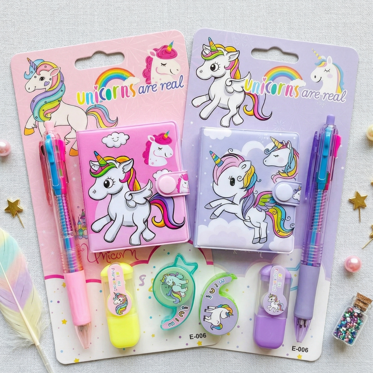 Kawaii Unicorn Gift Set Diary 4 Color Pen Highlighter Dino Tape Cute Stationery Set for Girls Boys School Supplies | Buy2Enjoy