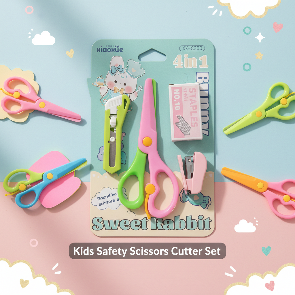 Kids Safety Scissors Cutter Set, Child-Safe Plastic Craft Scissors with Mini Stapler, Mini Cutter & Pins, Blunt Tip Paper Cutting Tools Cute Colors for School DIY | Buy2Enjoy