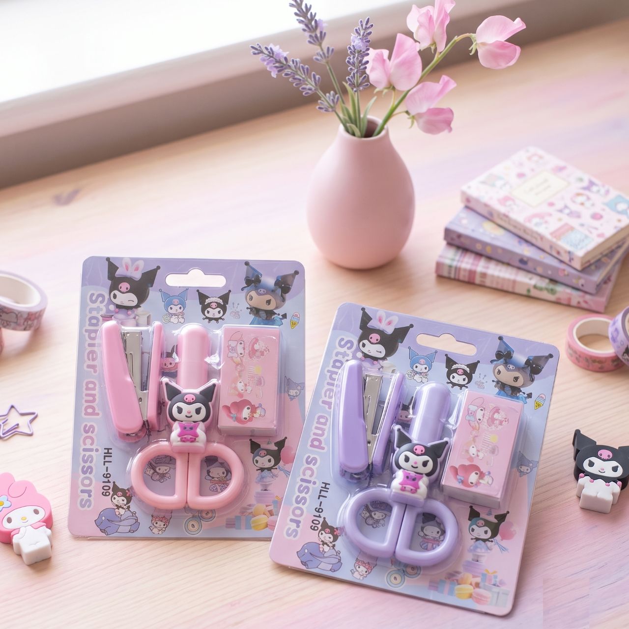 Kids Safety Scissors & Stationery Set – Child-Safe Plastic Scissors, Mini Stapler, Cutter, Pins & Stamper with Blunt Tips, Cute Cartoon Design, Assorted Colors for School, Crafts & DIY Projects | Buy2Enjoy