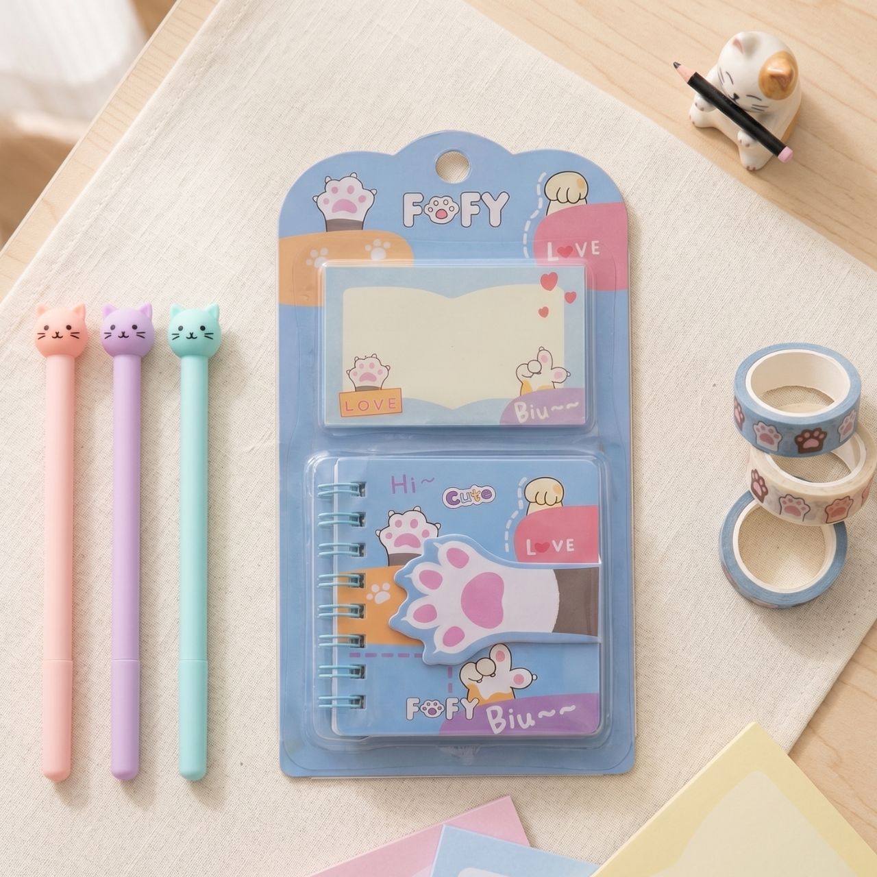 Kit 2 Cute Stationery Items, Cute Notepad with Mini Cat Paw Notebook, Kawaii Memo Writing Set for School Office Study Journaling, Cute Stationery for Girls Kids Students | Buy2Enjoy