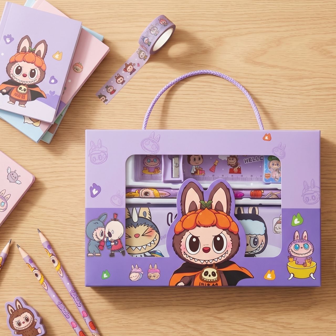 Labubu Back to School Stationery Set – 7 in 1 Cute School Supplies Gift Box with Metal Geometry Set, Pencil, Scale, Sharpener & Eraser for Kids | Buy2Enjoy