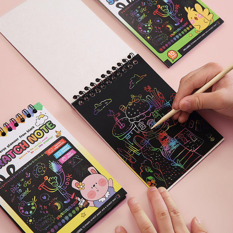 Magic Multi-Color Rainbow Drawing Scratch Art Book with Wooden Stylus | Creative Scratch Pad for Kids | Doodle Painting Notebook (14 x 9.9 cm) | Buy2Enjoy
