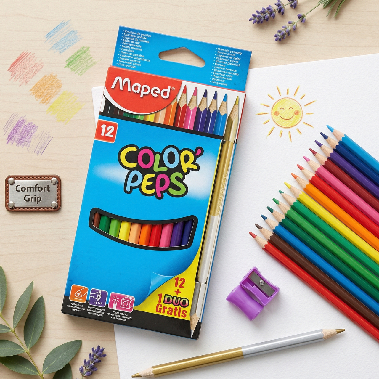 Maped 12 PCS Color Pencils Full Size With Free Double sided Pencil Color Or Sharpener PENCIL BOX PACK For Kids Cute Character Pencil Colors | Buy2Enjoy