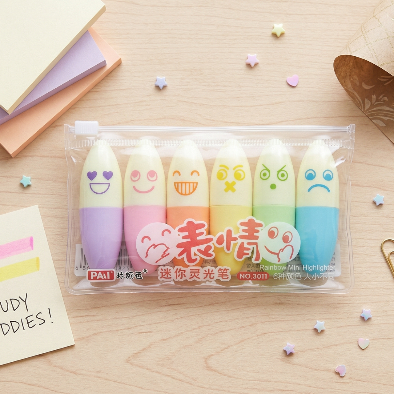 Mini Emoji Highlighters Pack of 6 Cute Smiley Multicolor Fluorescent Markers Smooth Ink Bright Colors for School Study Office Notes and Highlighting | Buy2Enjoy