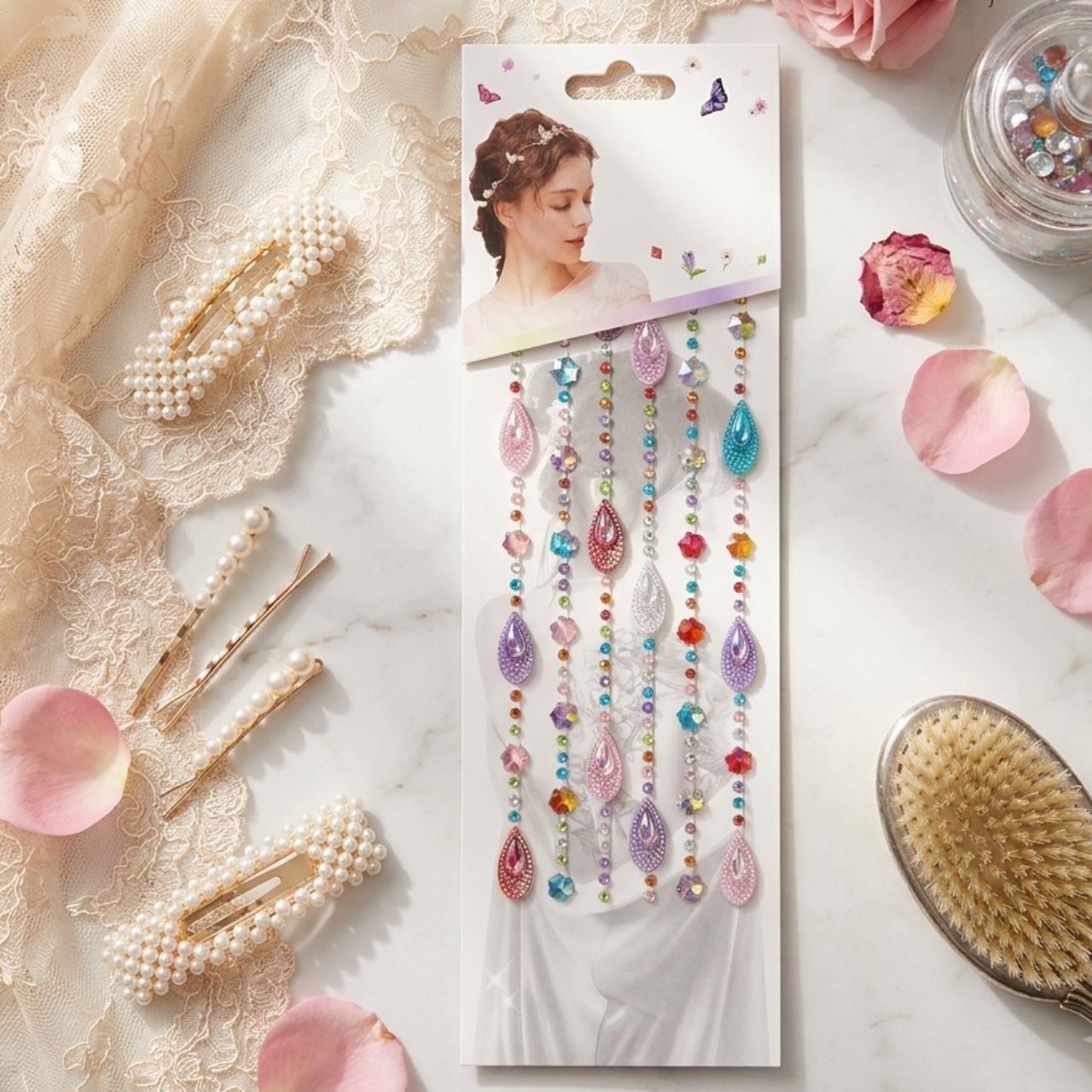 Moon Crystal Hair Stickers – Multi Shape Self-Adhesive Purple Rhinestone & Pearl Hair Gems for Creative Hair Styling, Face Decoration & Fashion Accessories | Buy2Enjoy