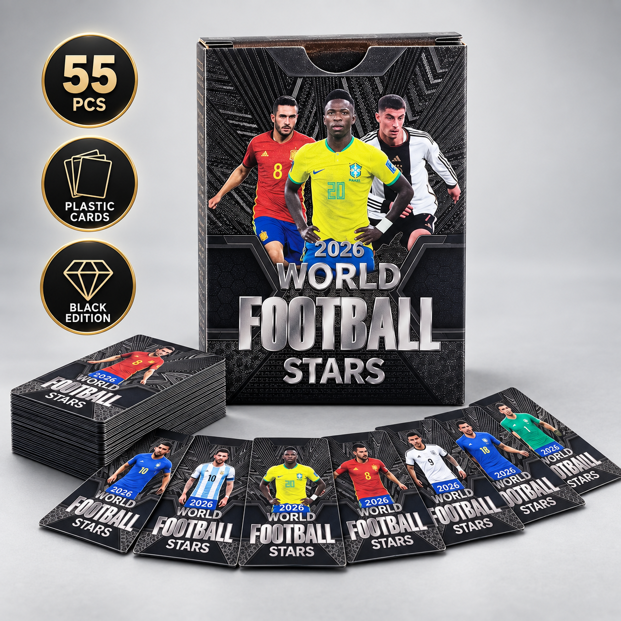 New 2026 WFS World Football Stars Trading Cards Mega Pack – 55 Pcs Gold, Silver & Black Plastic Cards | Master, Legend & Rookie Collector Set | Buy2Enjoy.PK