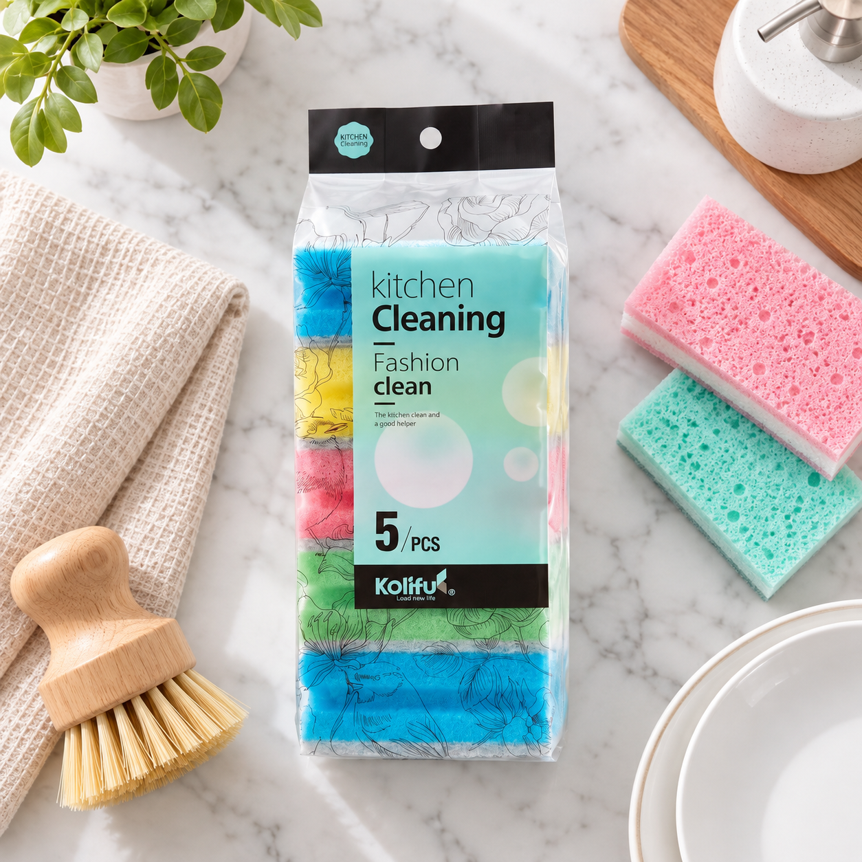 Pack of 5 Double-Sided Kitchen Cleaning Sponges – High Density Non-Stick Dishwashing Scrubber for Pots, Pans, Dishes, Glass & Metal Surfaces | Buy2Enjoy.Pk