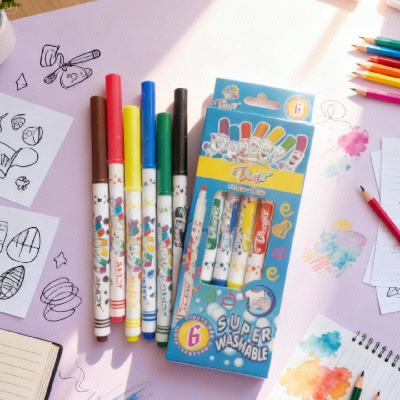Pack of 6 Washable Markers Color Felt Pen Set | Smooth Writing Whiteboard Markers Non-Toxic & Bright Colors | Easy to Clean Markers for Kids, School, Office & Home Use | Buy2Enjoy