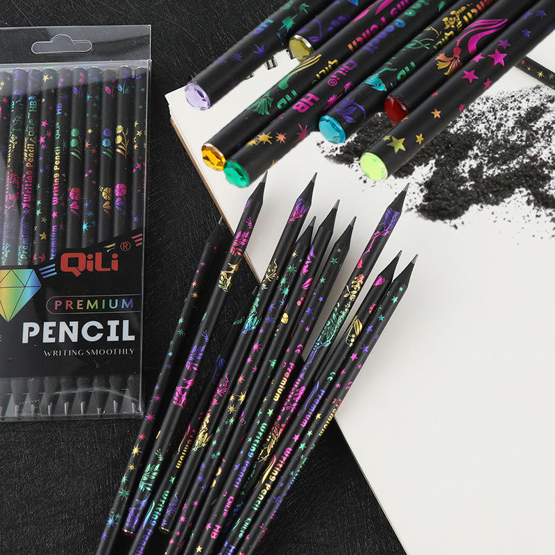 Premium Black Wood HB Pencil Set Pack of 12 Rhinestone Design 7 Inch Smooth Writing Drawing Pencils for Kids Students School Art Supplies | Buy2Enjoy