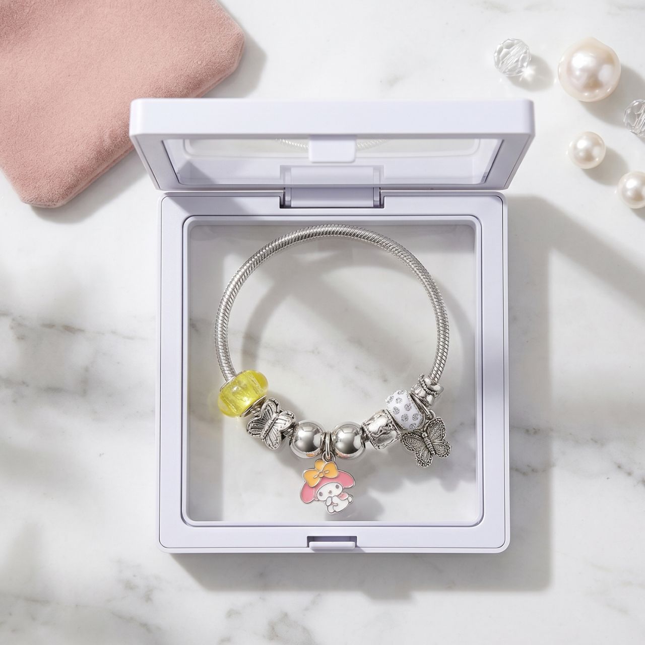 Premium My Melody Charm Bracelet Adjustable Silver Snake Chain Pandora Style Bracelet with Crystal Beads & Butterfly Charms Cute Sanrio Jewelry Gift for Women & Girls | Buy2Enjoy