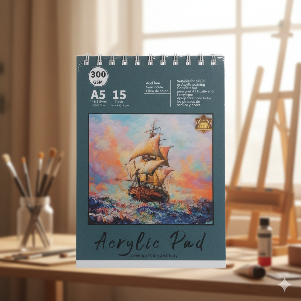 Premium Quality Acrylic Pad Notebook For Painting 300g Thick Paper A5 (5.8 x 8.3 inches) Acid-Free Suitable For Oil and Acrylic Painting 15 Sheets in Book | Buy2Enjoy