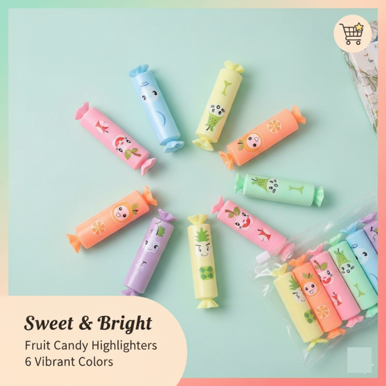 Qesefun Cute Kawaii Mini Candy Shape Fluorescent Highlighter Marker Pens for Kids Gift | Multicolor Fancy 6-Piece Candy Highlighter Set | Buy2Enjoy