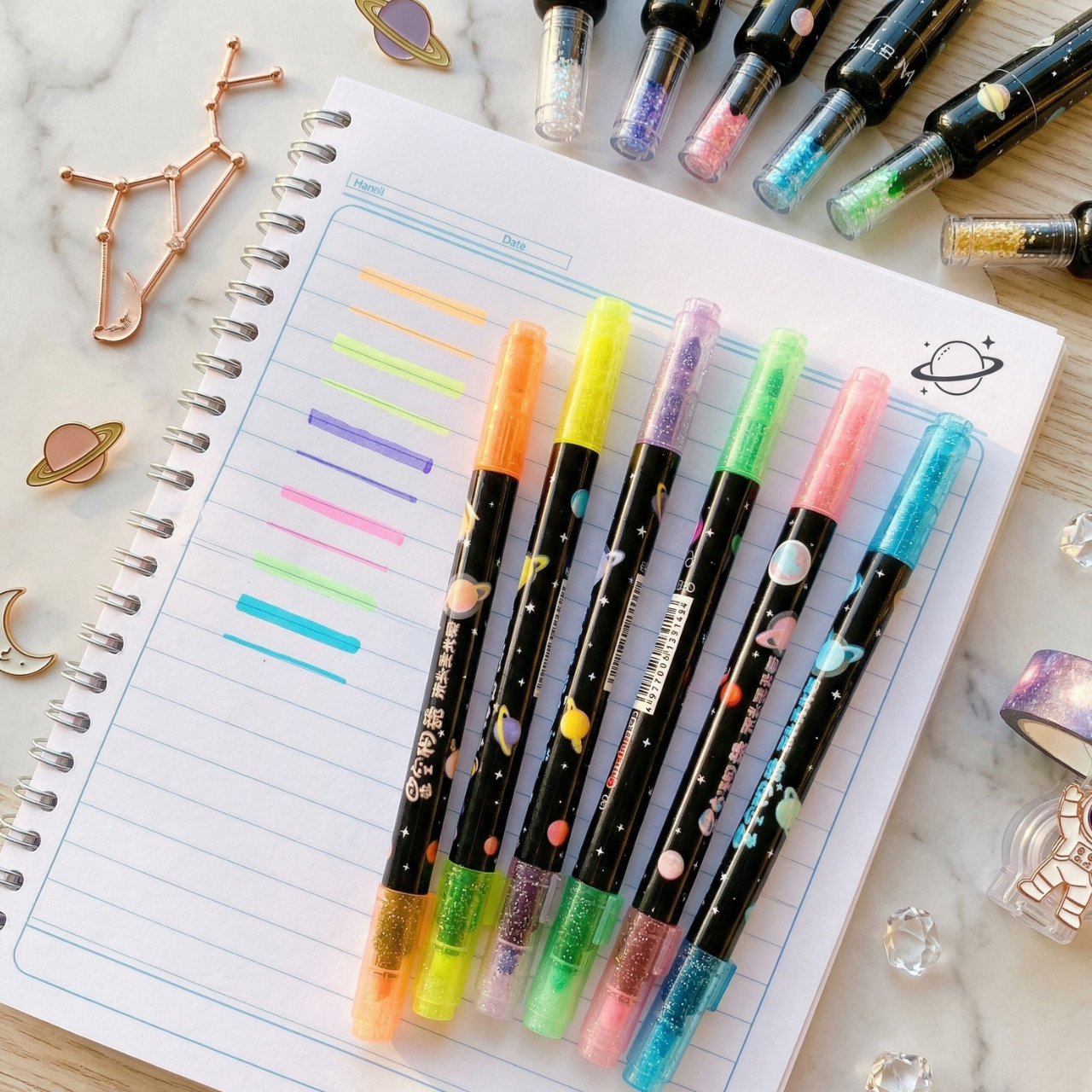 QiseFun Double Sided Fluorescent Highlighters Pack of 6 Star Sky Design Dual Tip Highlighting and Fine Line Pens Smooth Ink for Study Notes Office Use | Buy2Enjoy