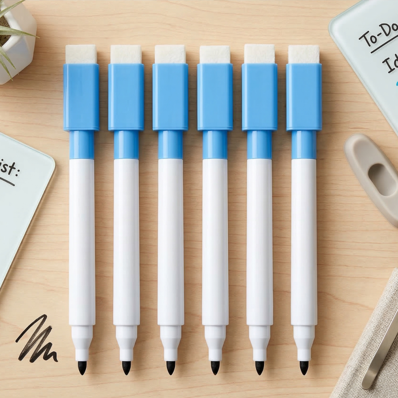Rewritable Magnetic Dry Wipe White Board Markers Pens with Eraser Cap | Mini White Board Makers With Duster | 6 Pieces Blue Color Thin Tip with Duster Cap |Buy2Enjoy