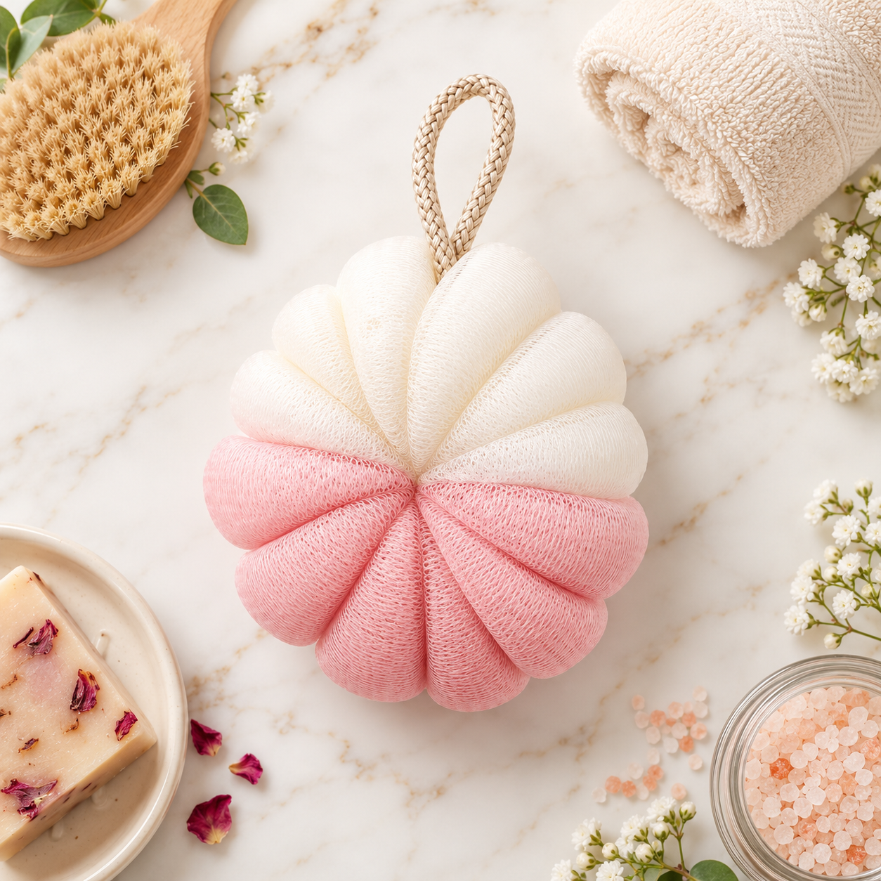 Two-Tone Pink & White Pumpkin Style Bath Loofah – Soft Mesh Body Scrubber, Foaming Exfoliating Shower Sponge, Lightweight Reusable Bath Cleaning Tool | Buy2Enjoy.PK