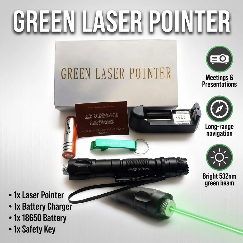 Ultra Powerful Green Laser Pointer Pen 100mW to 200mW, 532nm Long Range Beam 1000ft, Stainless Steel Body, Key Safety, Adjustable Focus, Battery Charger Included | Buy2Enjoy
