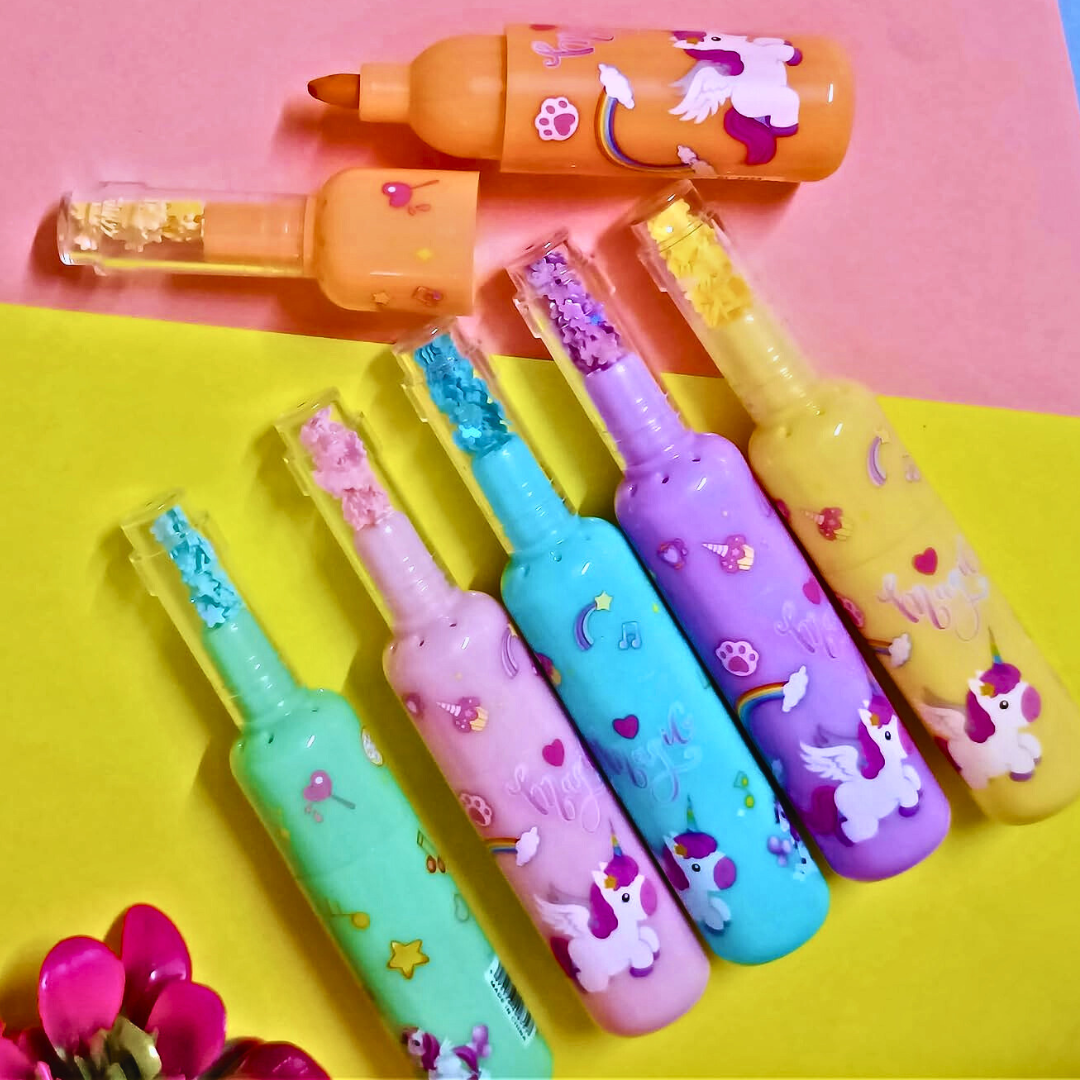 Unicorn Bottle Shape Glitter Highlighter Pens 6 Pack, 0.5mm Fine Tip, Shiny Fluorescent Markers with Caps for Drawing, Journaling, School Supplies | Buy2Enjoy