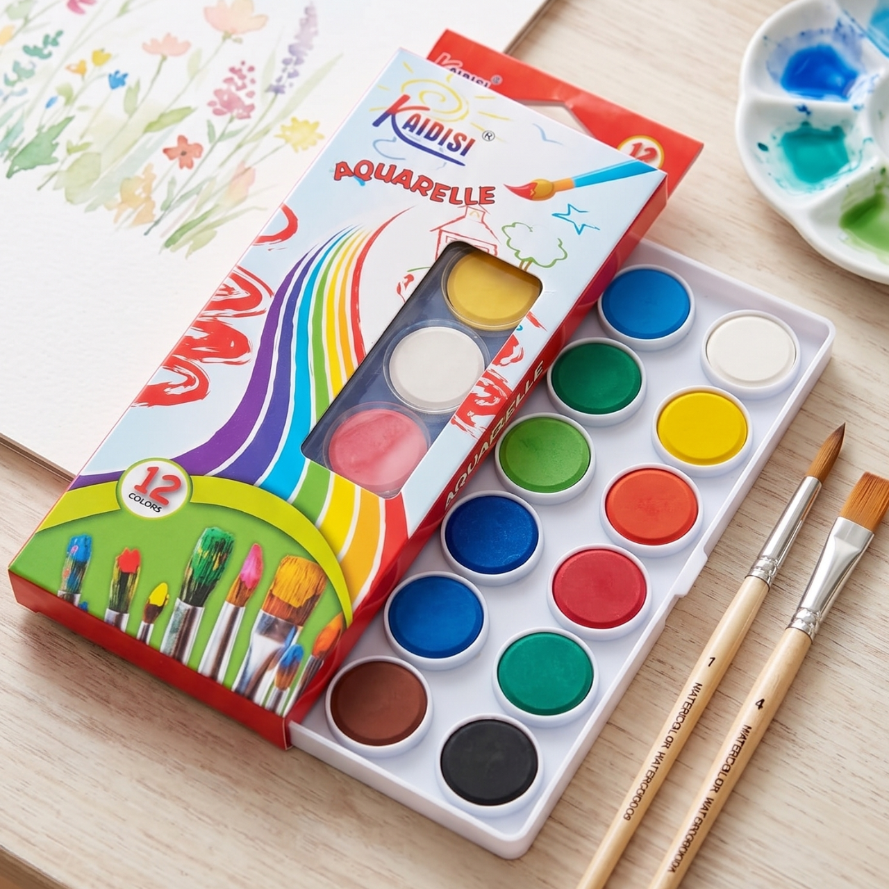 Watercolor Paint Set with Paint Brush – 12/16 Assorted Colors, Imported Quality Opaque Watercolors for Kids, Beginners, Artists, School & DIY Painting Projects | Buy2Enjoy