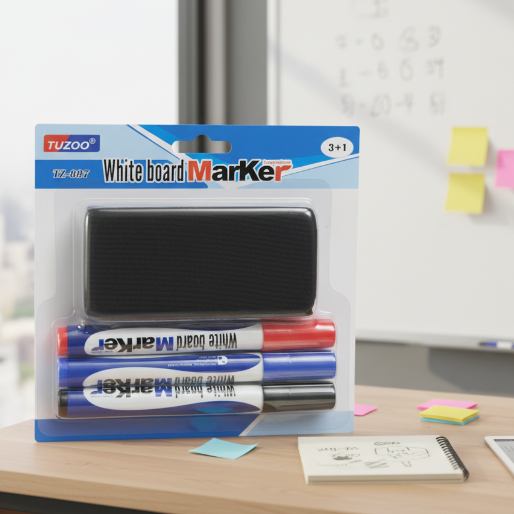 Whiteboard Marker Set with Duster Pack of 3 Blue Black Red Dry Erase Markers Refillable Round Tip with Eraser for School Office Home | Buy2Enjoy