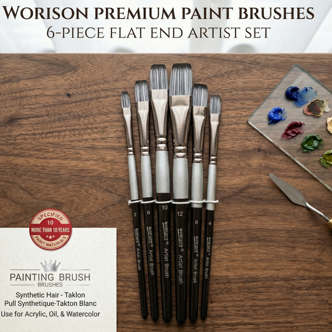 Worison 6 PCS Flat Paint Brush Set Professional Synthetic Nylon Tips for Acrylic Oil Watercolor Face and Body Painting Art Supplies | Buy2Enjoy
